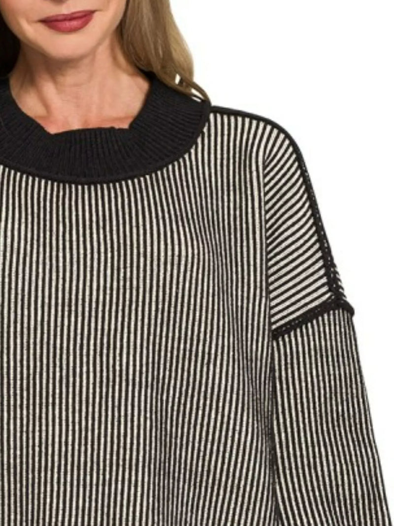 Zenana Exposed Seam Two Tone Ribbed Sweater