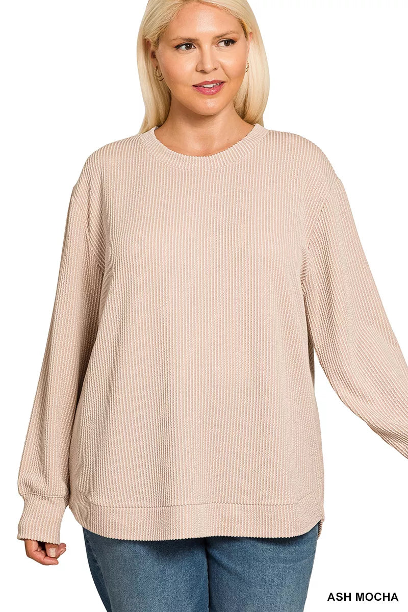 Zenana Full Size Raised Rib Round Neck Long Sleeve Top Plus Size