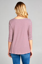 STRIPE JERSEY LACE UP NECK CASUAL TOP