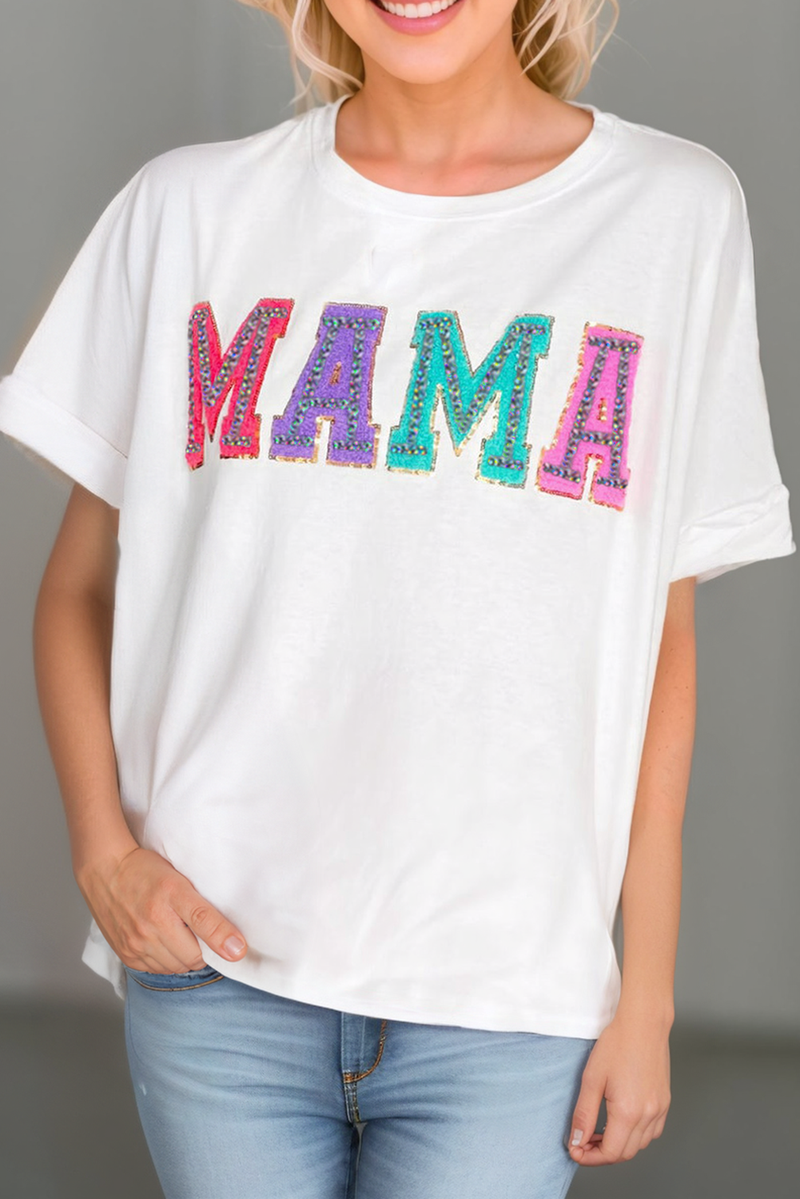 Women Mother's Day MAMA Chenille Patched T Shirt