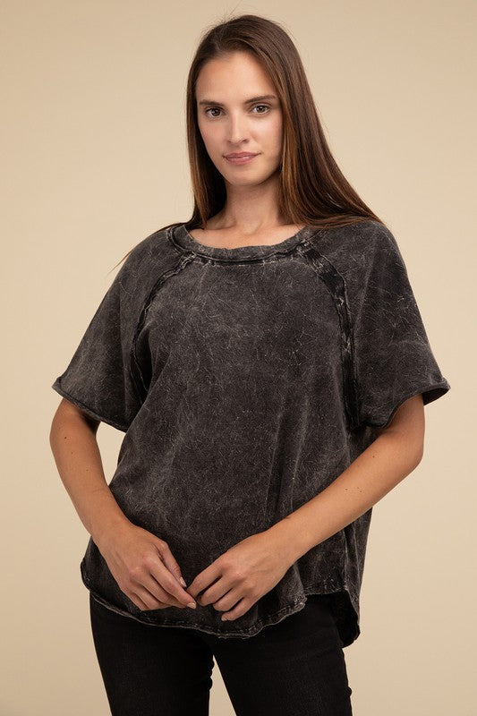 Back Patch Crinkle Washed Raglan Sleeve T-Shirt