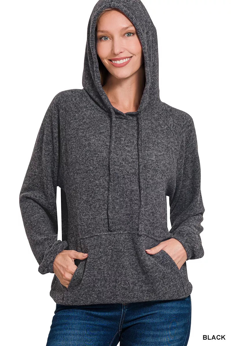 Zenana Brushed Hacci Melange Hooded Sweater