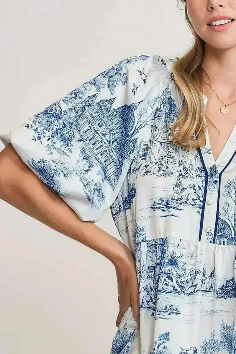 Umgee Full Size Two Tone Landscape Print Dress Plus Size