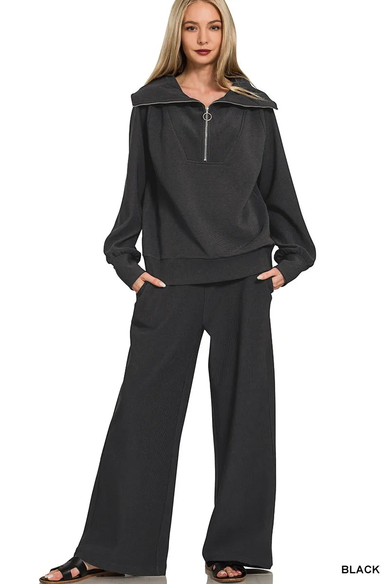 Zenana Ribbed High Neck Half Zip Pullover & Pants Set
