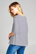 STRIPE JERSEY LACE UP NECK CASUAL TOP