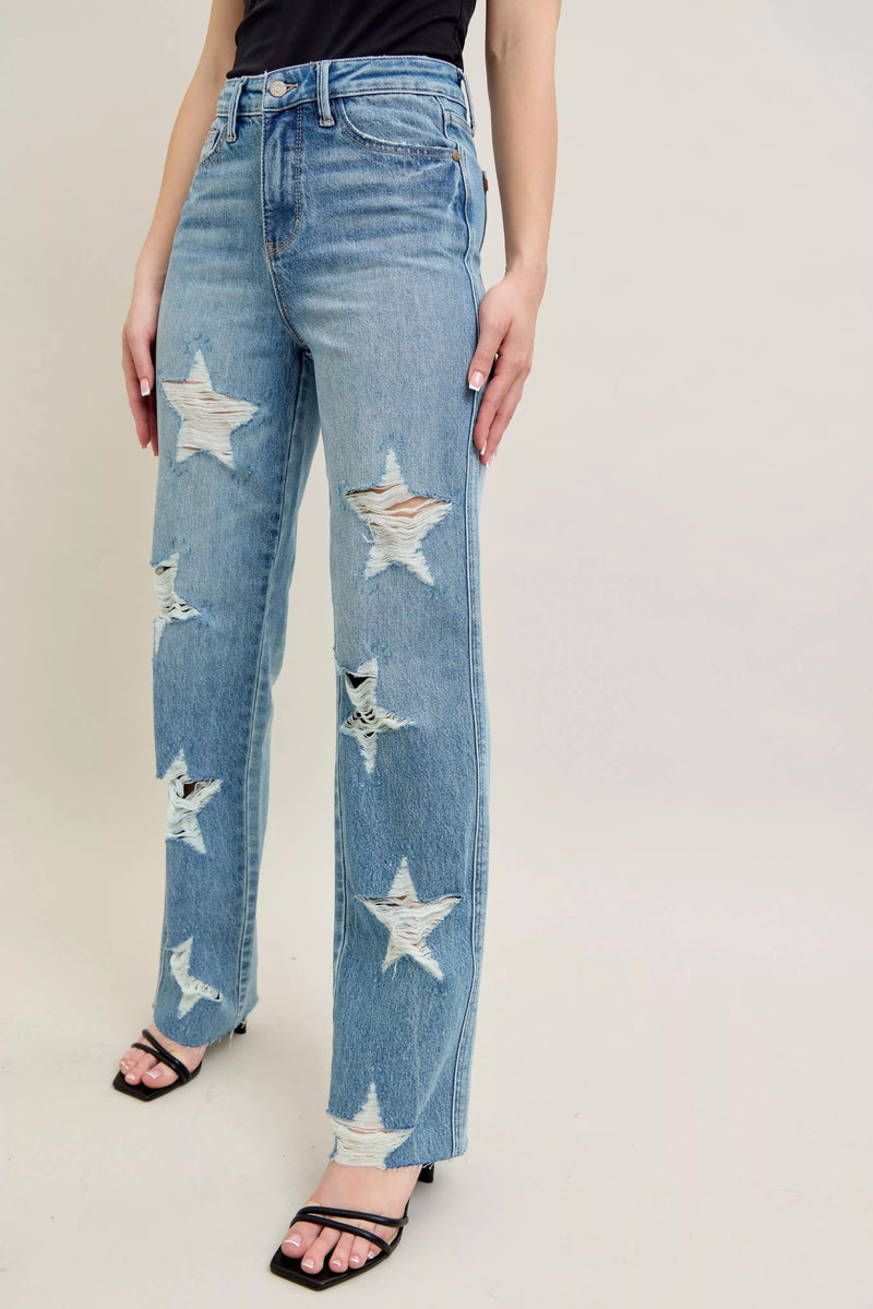 Judy Blue Full Size High Waist  Rigid Magic Star Shaped Destroyed 90's Straight Jeans Plus Size