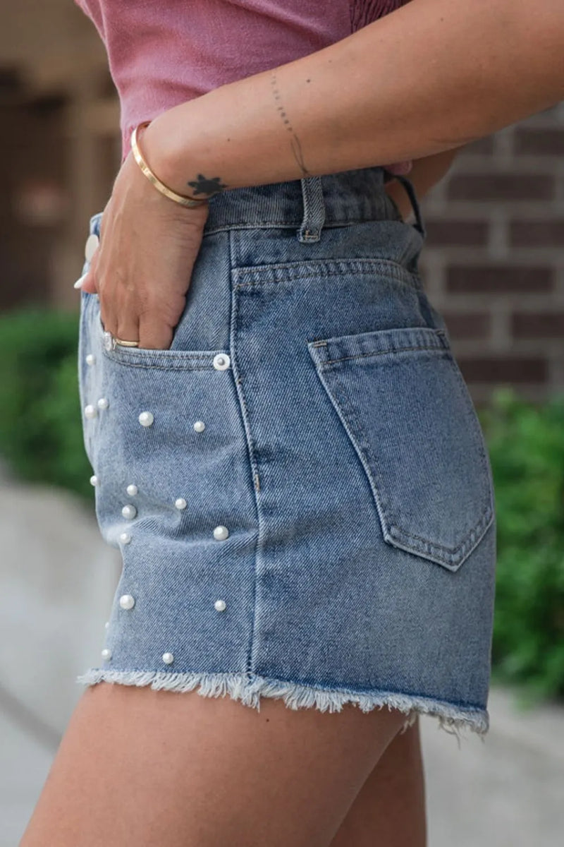Pearl Beaded Raw Hem Wash Denim Shorts
