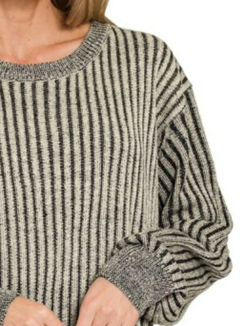 Zenana Curved Hem Two-Tone Ribbed Sweater