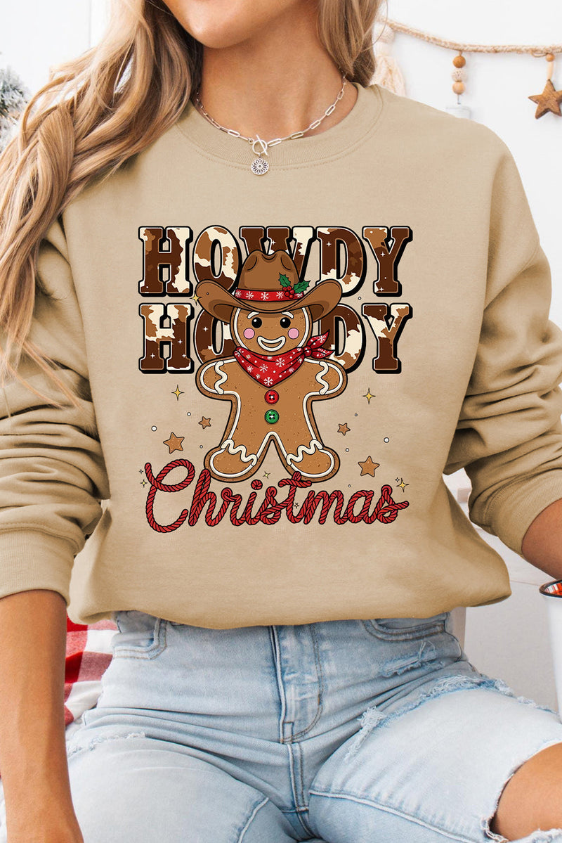 Khaki Howdy Christmas Western Gingerbread Man Pullover Sweatshirt
