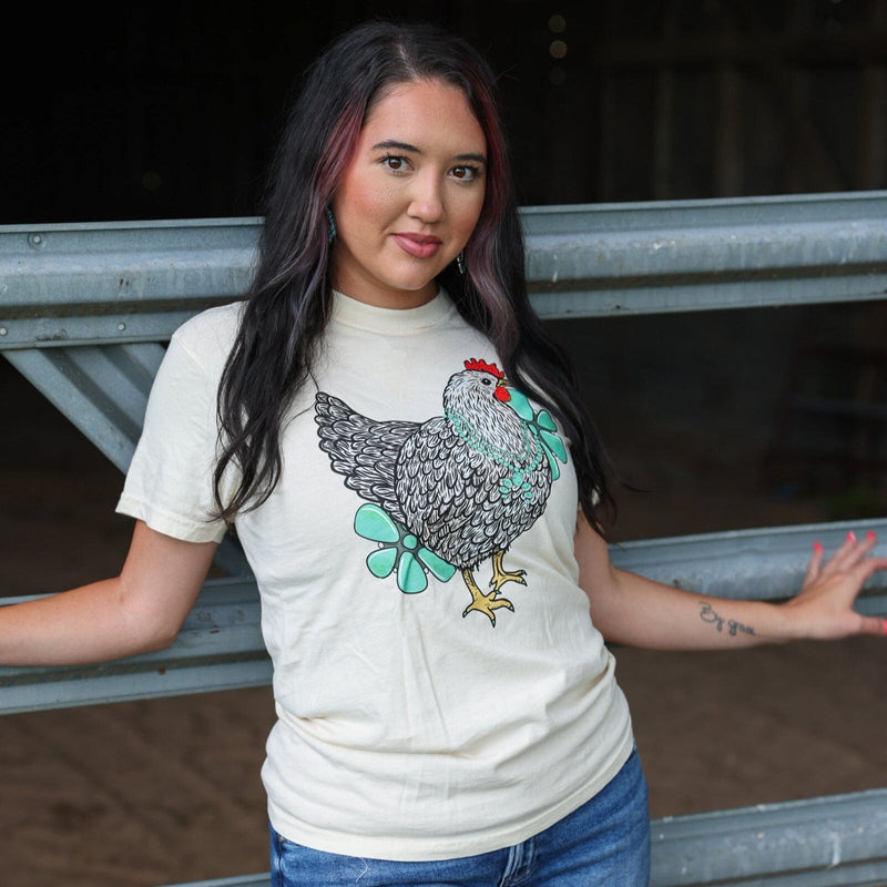 Turquoise Chicken with Flowers Soft Graphic Tee