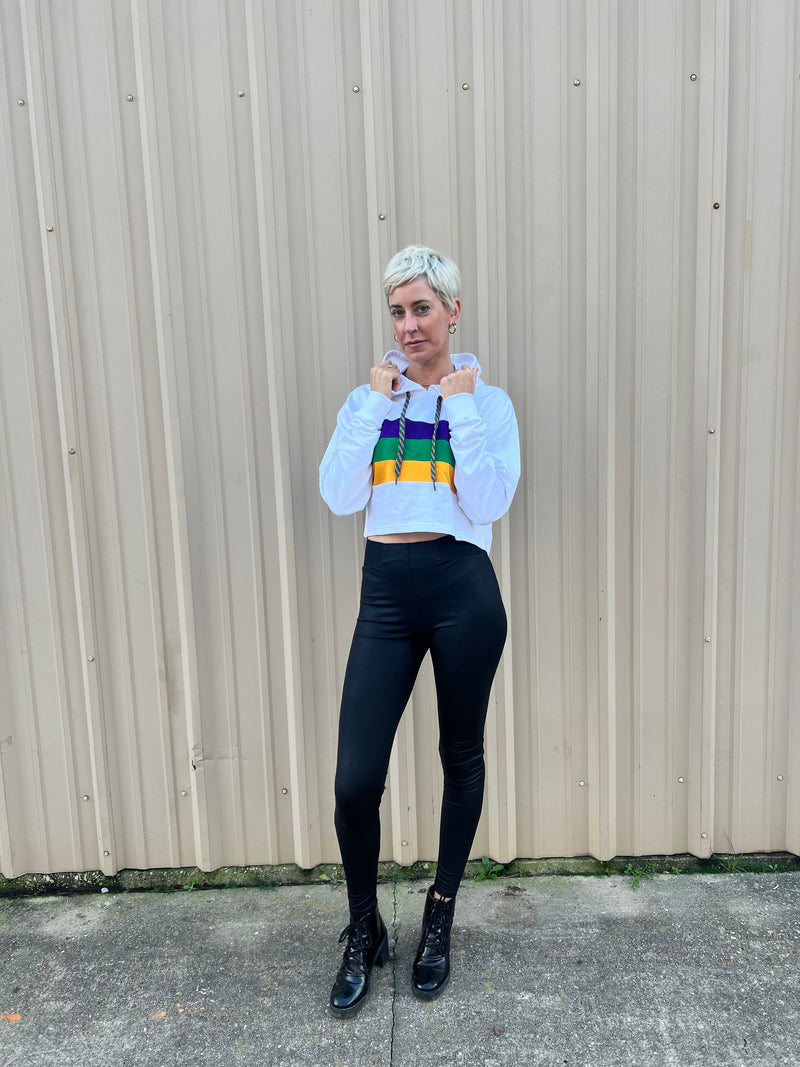 White Chest Stripe Junior/Misses Pullover Crop Hoodie