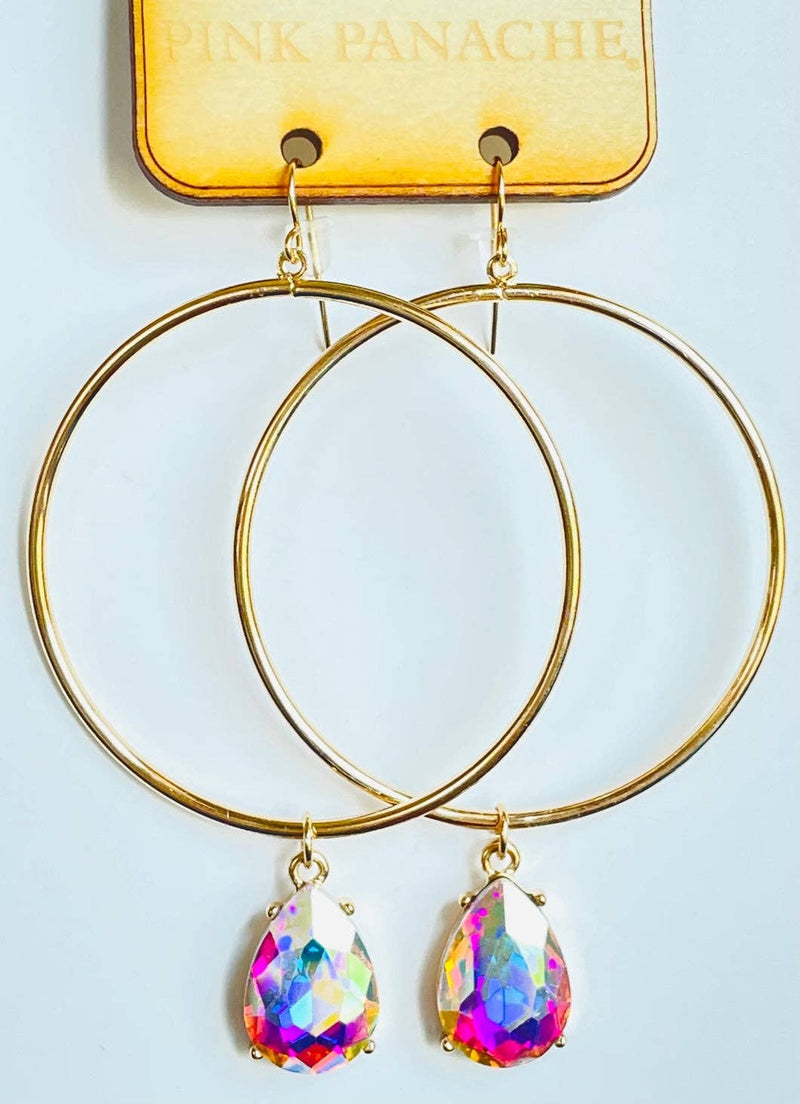 1CNC A172 * Small AB teardrop on large gold circle hoop earrings