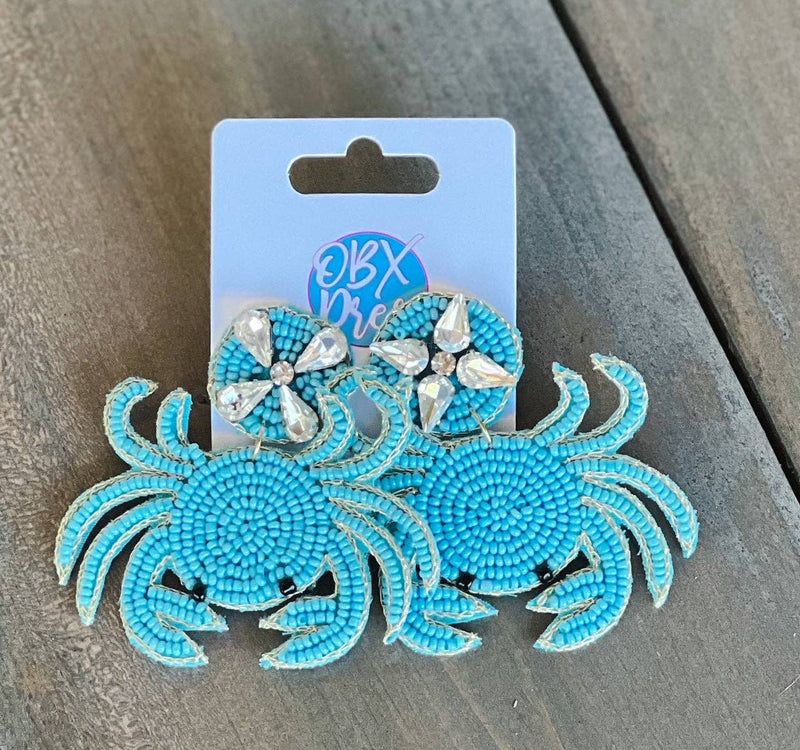 Blue Crab Seed Beaded Beachy Prep Dangle Earrings
