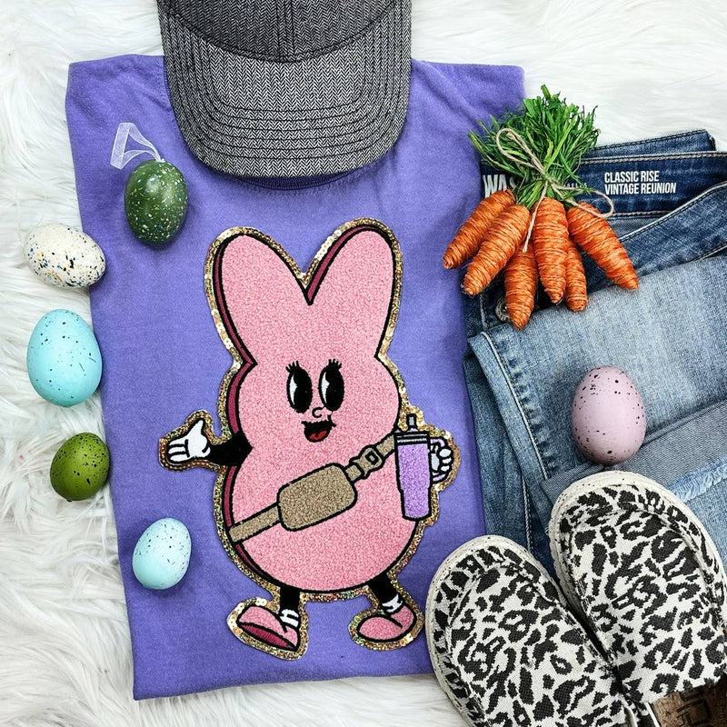 Trendy Pink Bunny Chenille Patch Pigment Dyed Tee