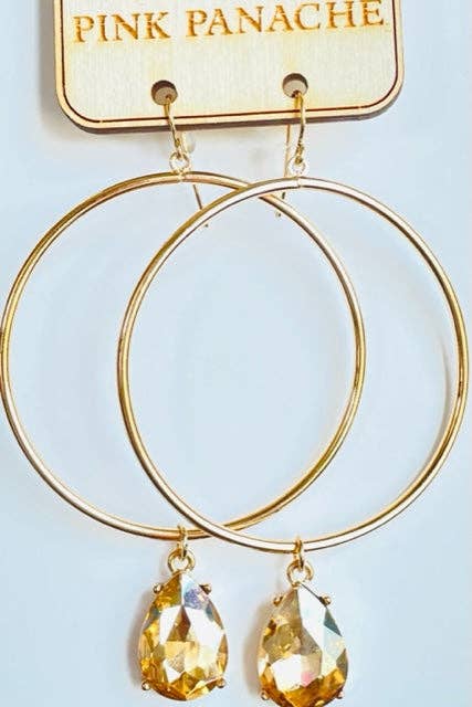 1CNC H108 * Small champagne teardrop on large gold circle hoop earrings